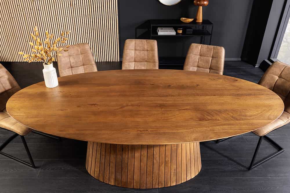 ART DECO Ovaler Esstisch 220cm massives Mangoholz mit Lamellen-Säulenfuß