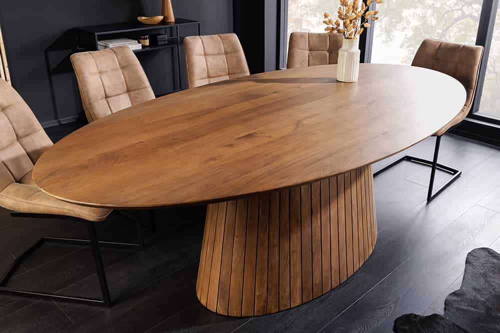 ART DECO Ovaler Esstisch 220cm massives Mangoholz mit Lamellen-Säulenfuß