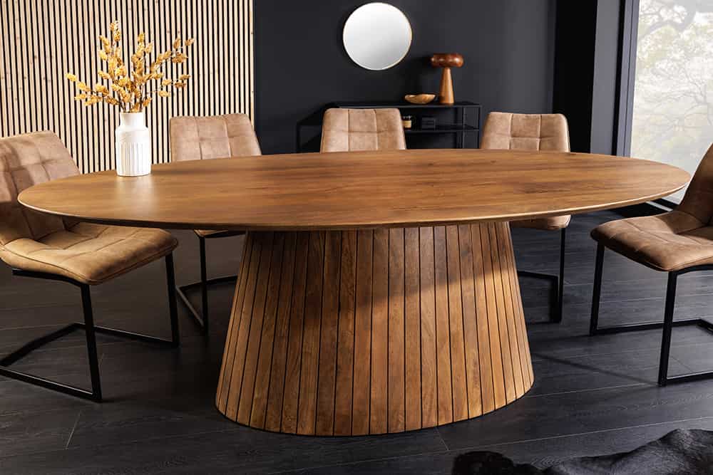 ART DECO Ovaler Esstisch 220cm massives Mangoholz mit Lamellen-Säulenfuß