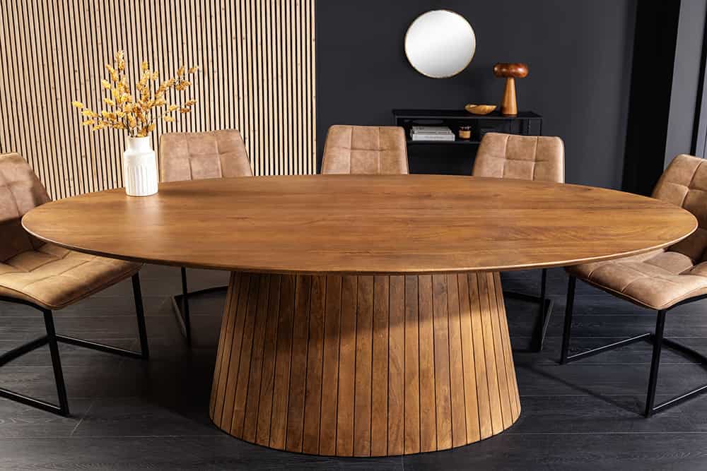 ART DECO Ovaler Esstisch 220cm massives Mangoholz mit Lamellen-Säulenfuß