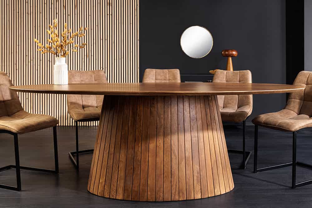 ART DECO Ovaler Esstisch 220cm massives Mangoholz mit Lamellen-Säulenfuß