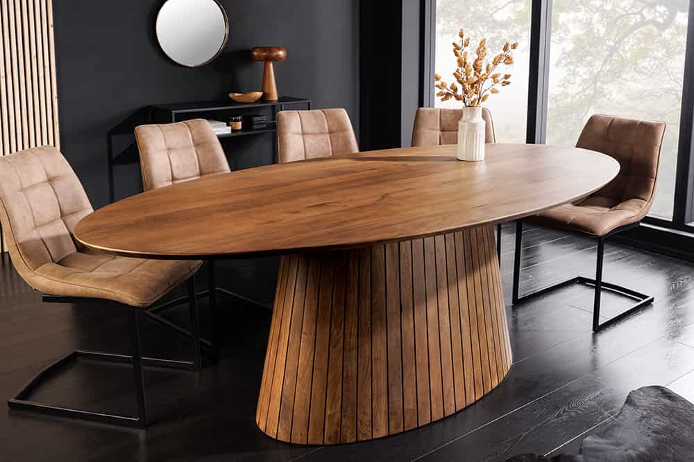 ART DECO Ovaler Esstisch 220cm massives Mangoholz mit Lamellen-Säulenfuß