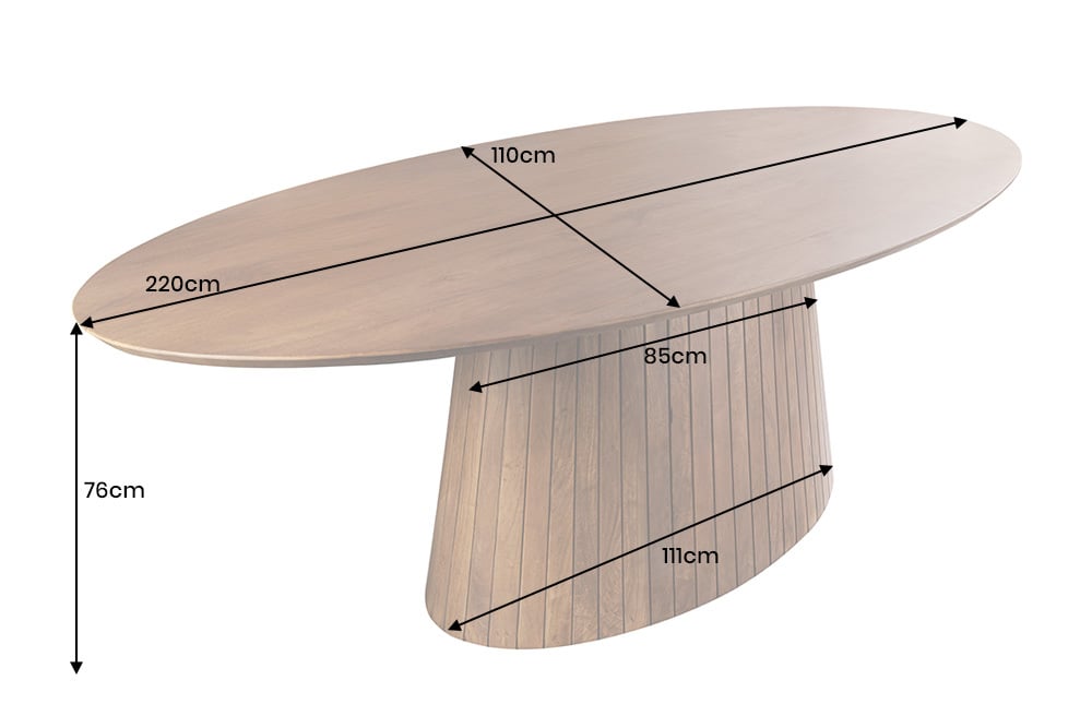 ART DECO Ovaler Esstisch 220cm massives Mangoholz mit Lamellen-Säulenfuß