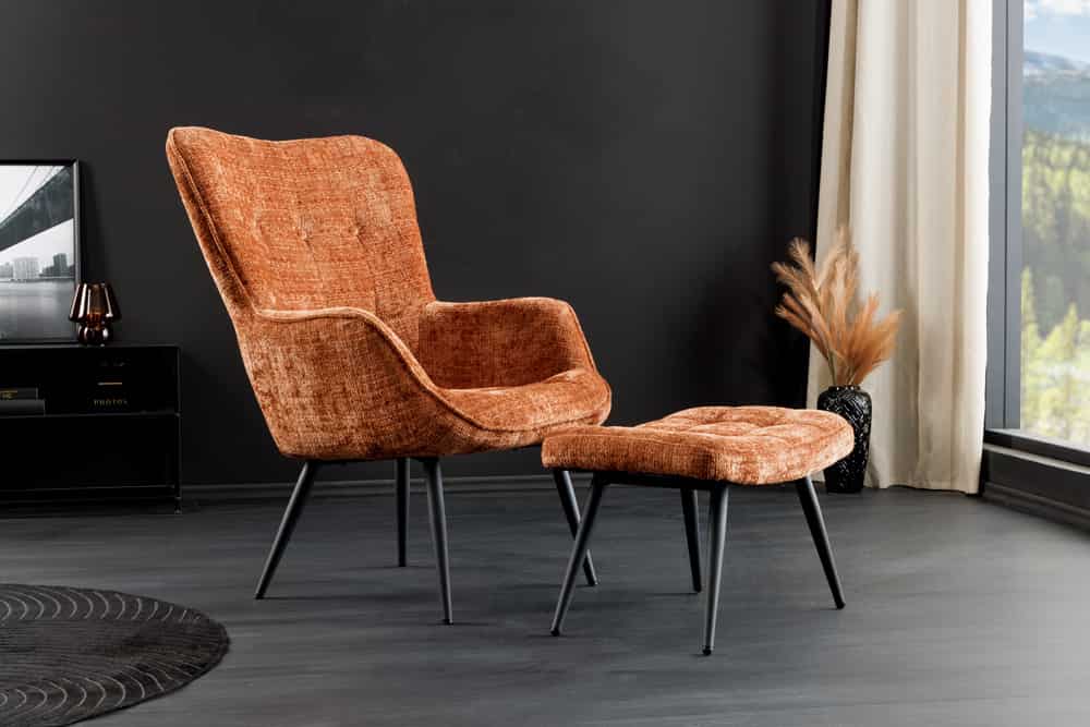 Design Sessel SCANDINAVIA Chenille Cremona schwarz Metall mit Armlehne