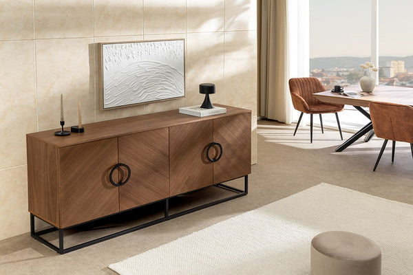 GRANDEZZA Industrial Sideboard 180cm natur Walnuss schwarz Metall viel Stauraum