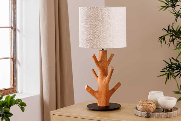 JEWELRY Massive Tischlampe 60cm natur Mangostanholz weißer Stoffschirm