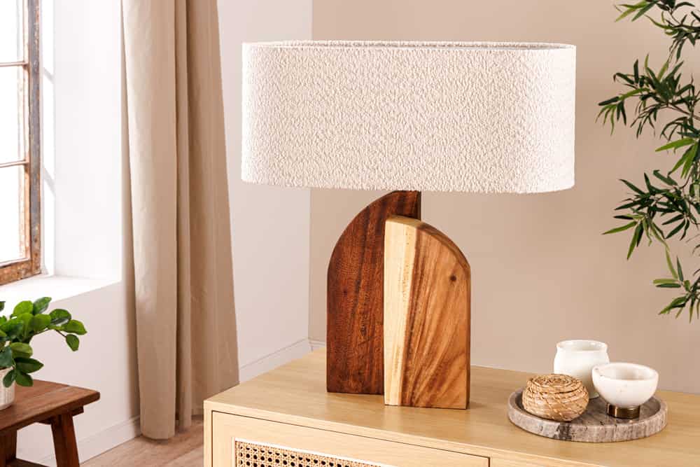 LOVERS Massive Tischlampe 60cm natur Regenbaumholz weißer Stoffschirm