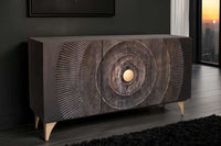 GOLDEN SUNSET Handgearbeitetes Sideboard 140cm schwarz mit 3D Schnitzereien gold Mangoholz Metallbeine