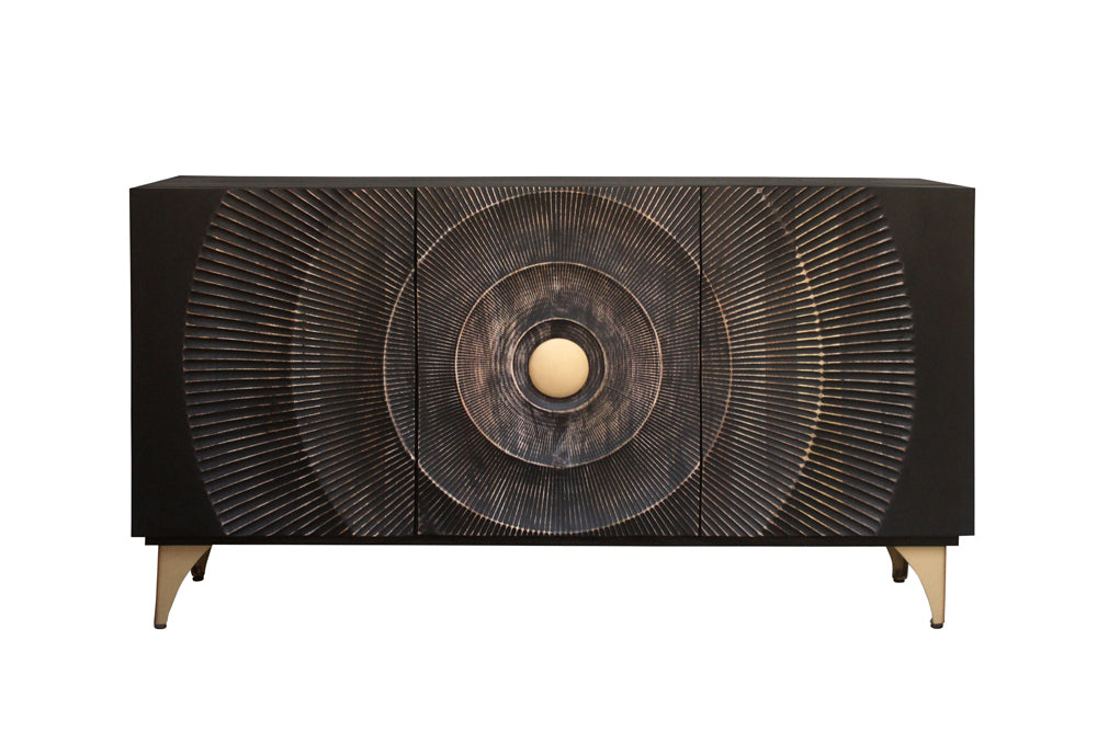 GOLDEN SUNSET Handgearbeitetes Sideboard 140cm schwarz mit 3D Schnitzereien gold Mangoholz Metallbeine