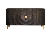 GOLDEN SUNSET Handgearbeitetes Sideboard 140cm schwarz mit 3D Schnitzereien gold Mangoholz Metallbeine