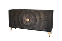 GOLDEN SUNSET Handgearbeitetes Sideboard 140cm schwarz mit 3D Schnitzereien gold Mangoholz Metallbeine