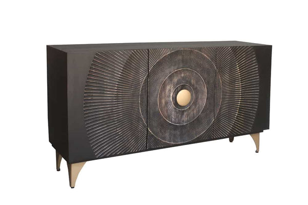 GOLDEN SUNSET Handgearbeitetes Sideboard 140cm schwarz mit 3D Schnitzereien gold Mangoholz Metallbeine