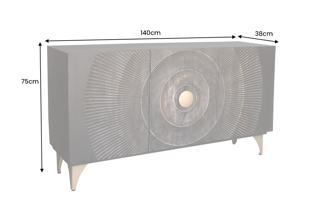 GOLDEN SUNSET Handgearbeitetes Sideboard 140cm schwarz mit 3D Schnitzereien gold Mangoholz Metallbeine