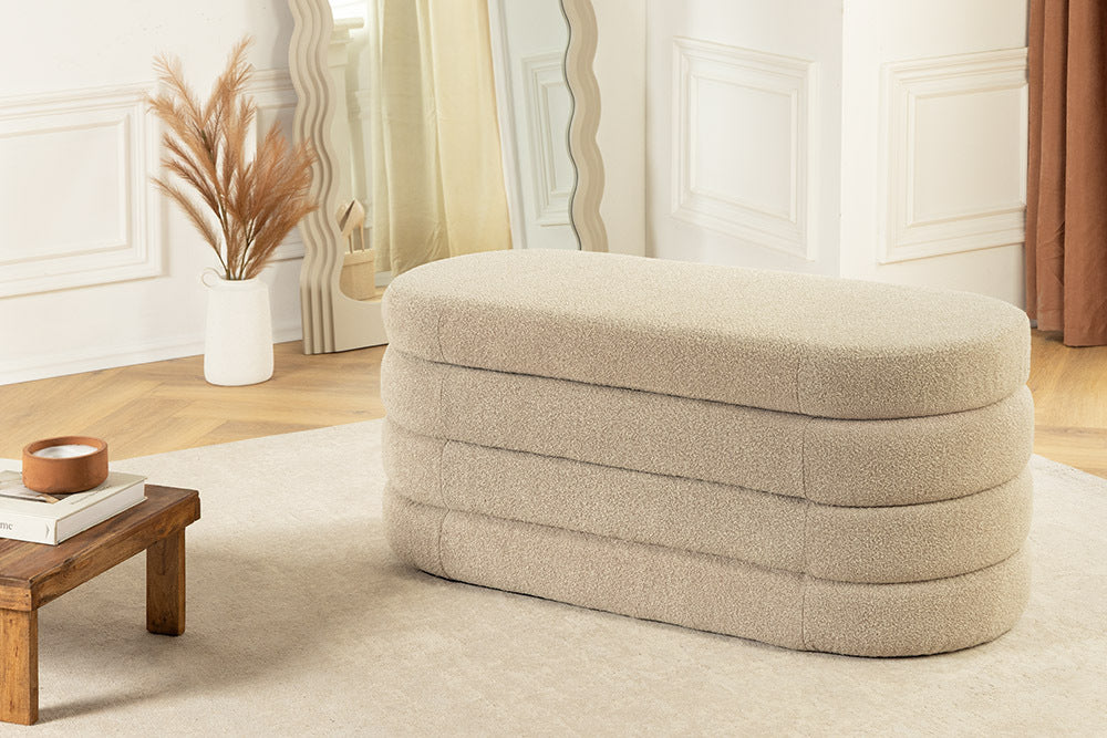 VOGUE Extravagante Polsterbank 115cm taupe Bouclé Sitzbank mit Stauraum