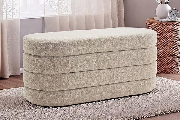 VOGUE Extravagante Polsterbank 115cm taupe Bouclé Sitzbank mit Stauraum