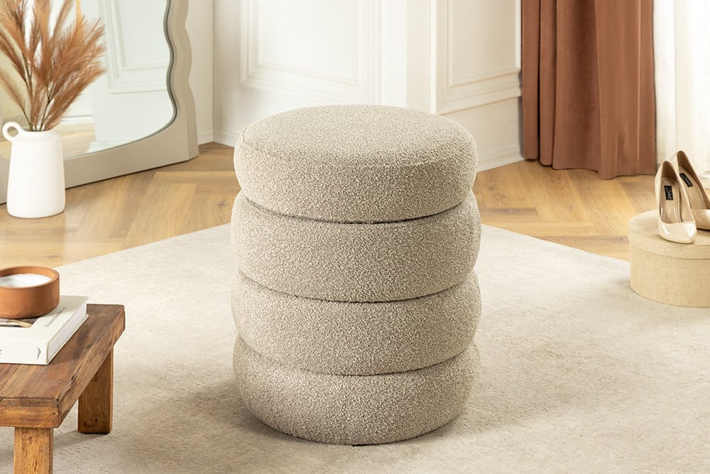 VOGUE Runder Hocker 50cm taupe Bouclé Polsterhocker mit Stauraum