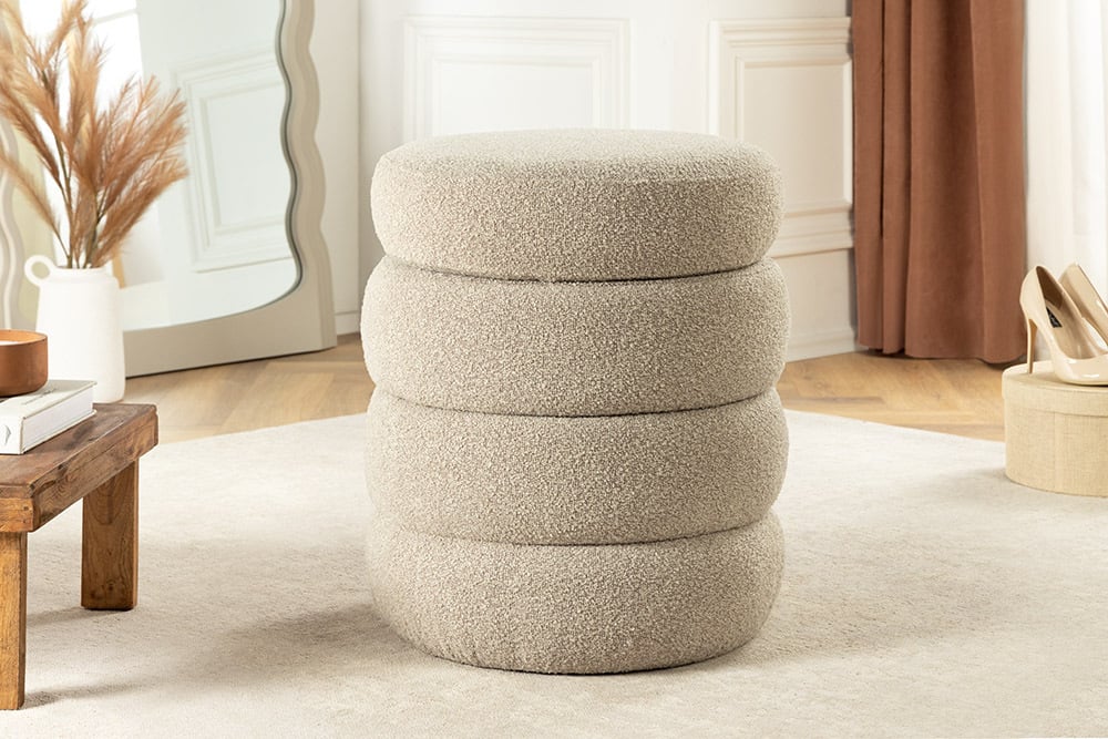 VOGUE Runder Hocker 50cm taupe Bouclé Polsterhocker mit Stauraum