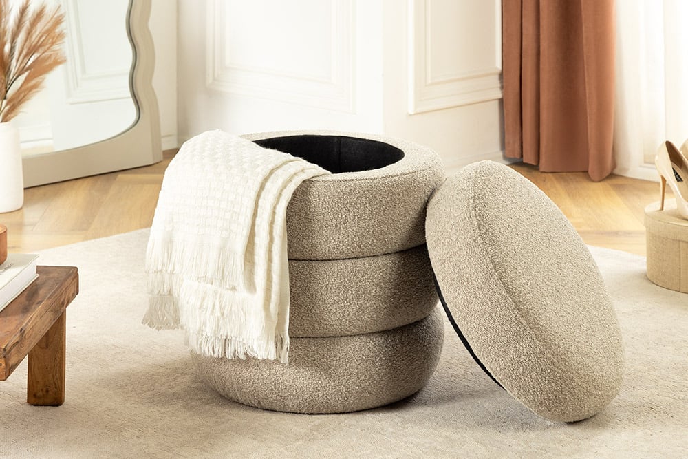 VOGUE Runder Hocker 50cm taupe Bouclé Polsterhocker mit Stauraum