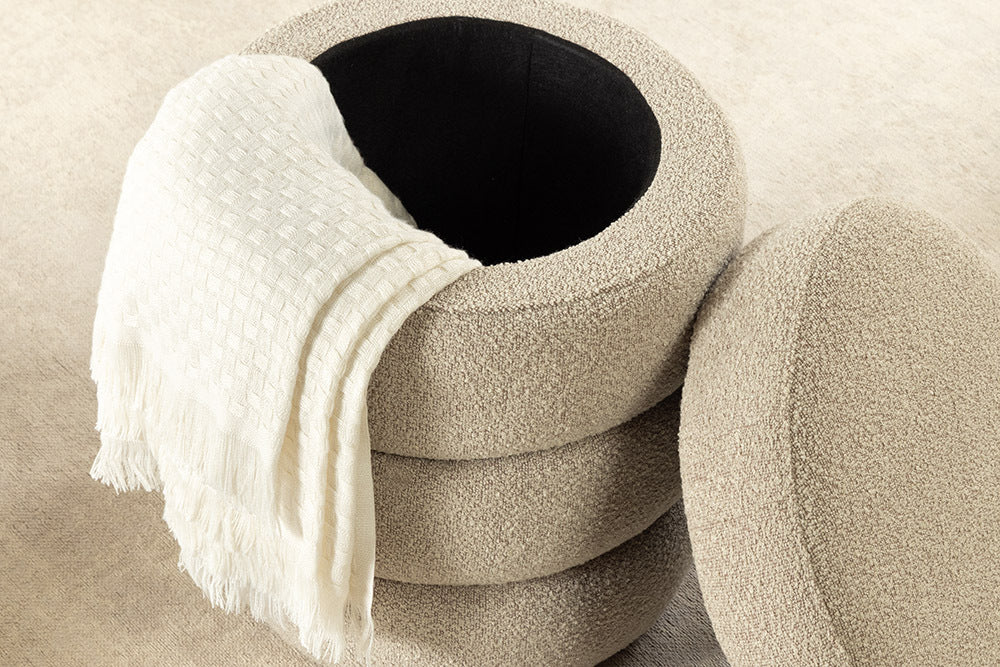 VOGUE Runder Hocker 50cm taupe Bouclé Polsterhocker mit Stauraum