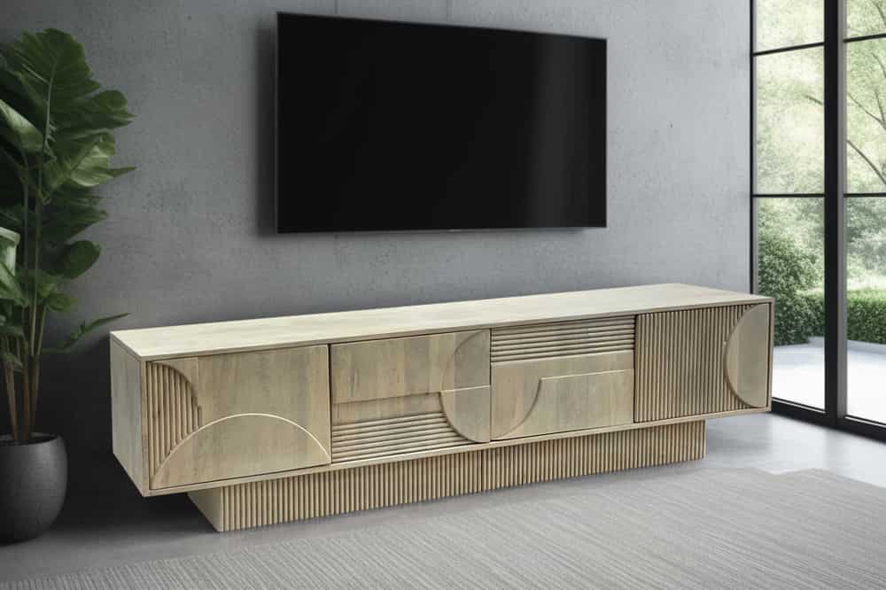 ART DECO Massives TV-Board 200cm weiß Mangoholz Lowboard 3D-Front