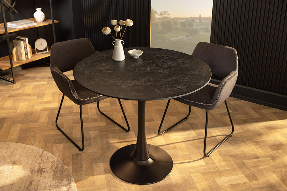 Runder Esstisch LYON 80cm anthrazit Marmor Keramik Bistrotisch schwarzer Säulenfuß
