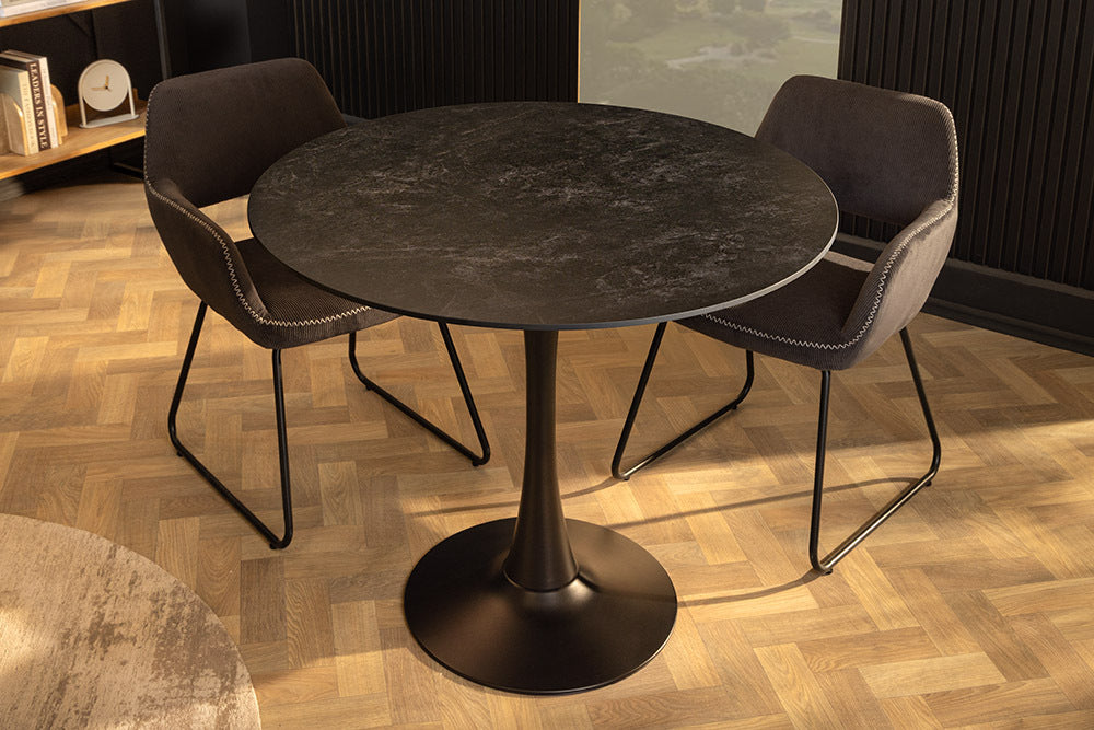 Runder Esstisch LYON 80cm anthrazit Marmor Keramik Bistrotisch schwarzer Säulenfuß