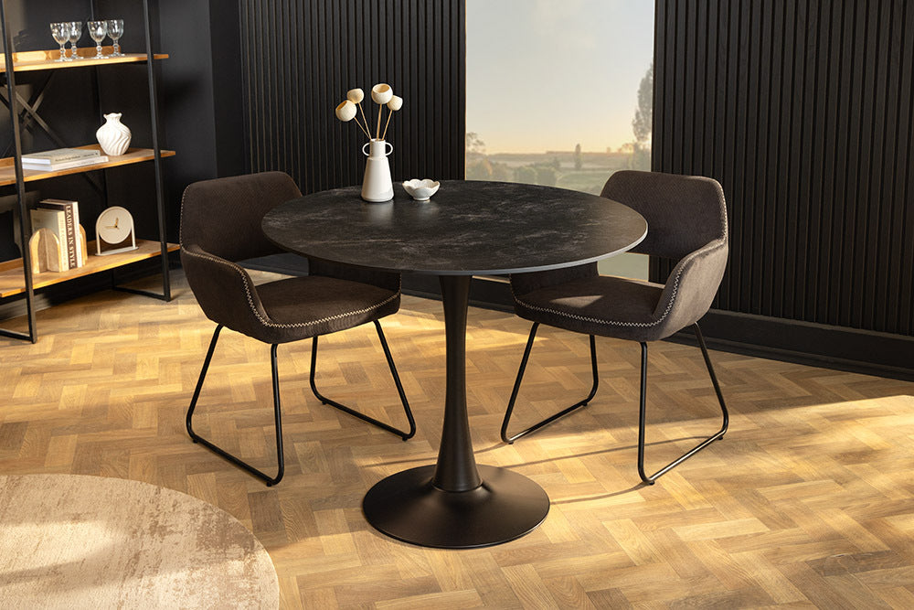 Runder Esstisch LYON 80cm anthrazit Marmor Keramik Bistrotisch schwarzer Säulenfuß