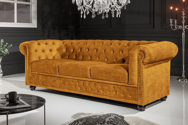 CHESTERFIELD Barock Sofa  205cm senfgelb Samt Federkern Knopfheftung 3-Sitzer Couch