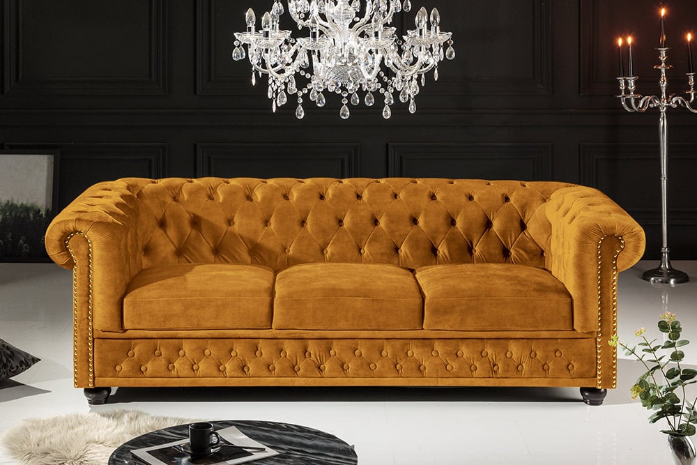 CHESTERFIELD Barock Sofa  205cm senfgelb Samt Federkern Knopfheftung 3-Sitzer Couch