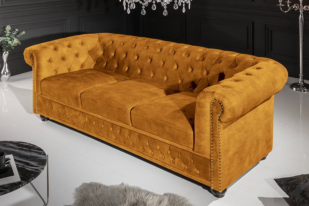 CHESTERFIELD Barock Sofa  205cm senfgelb Samt Federkern Knopfheftung 3-Sitzer Couch