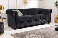 CHESTERFIELD Barock Sofa 205cm schwarz Samt Federkern Knopfheftung 3-Sitzer Couch