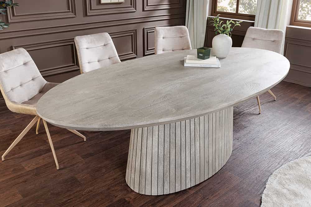 Ovaler Esstisch ART DECO 220cm smoke grau massives Mangoholz mit Säulenfuß