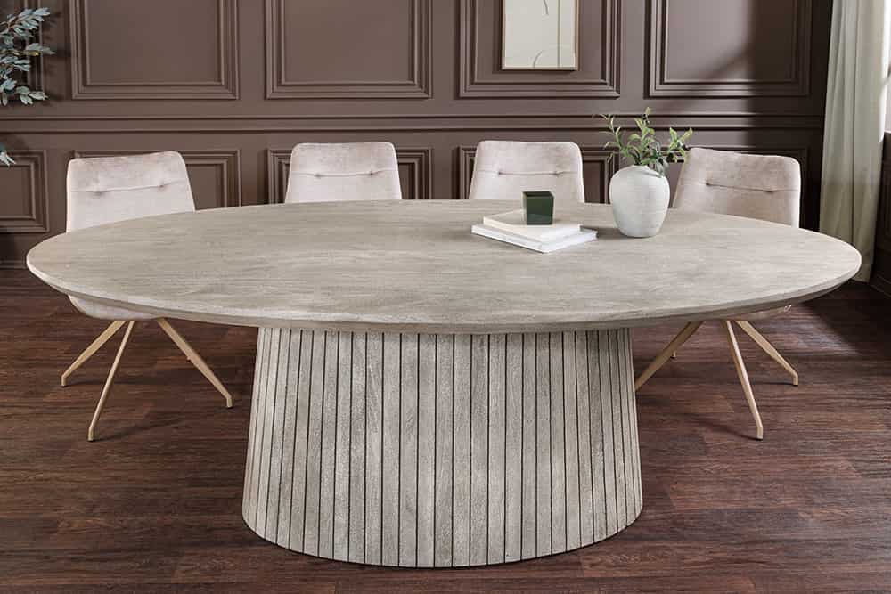 Ovaler Esstisch ART DECO 220cm smoke grau massives Mangoholz mit Säulenfuß