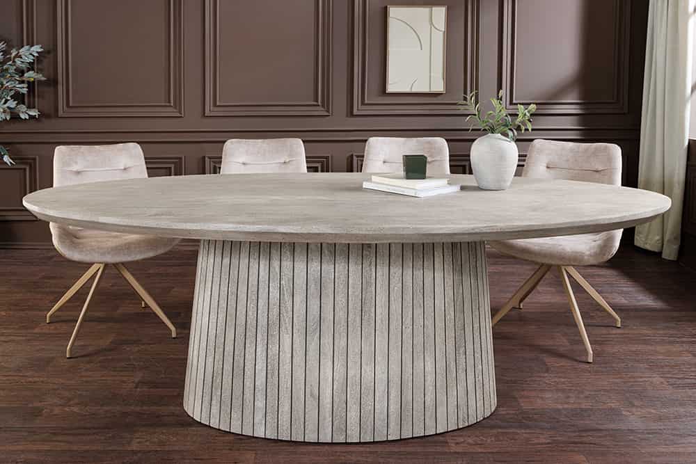 Ovaler Esstisch ART DECO 220cm smoke grau massives Mangoholz mit Säulenfuß