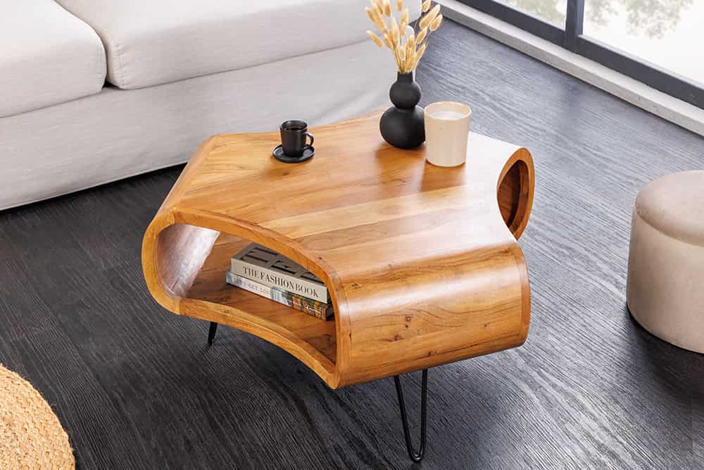 ORGANIC LIVING Retro Couchtisch braun Akazie Massivholz honey finish Stauraum