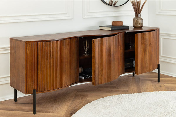 GRANDEUR Sideboard  180cm 3D Retro Stil Mangoholz braun mit schwarzen Metallbeinen