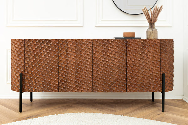 ADLON Massives Sideboard 180cm braun Mangoholz schwarz Metall 3D-Front in Wabenstruktur