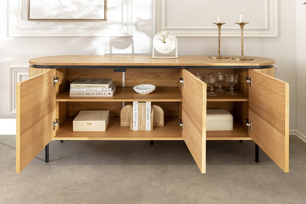 ATELIER Modernes Sideboard  160cm natur Eiche schwarz Metall vier Fächer