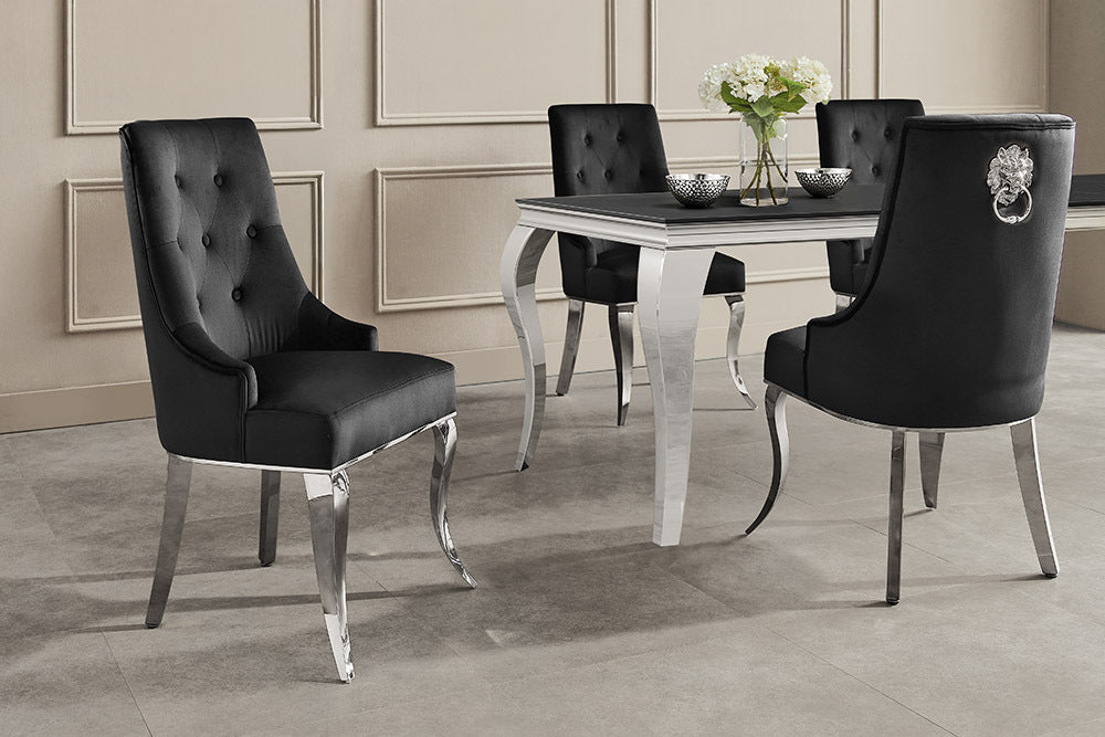 Stuhl MODERN BAROCK DELUXE schwarz Samt silber Edelstahlbeine mit Löwenkopf
