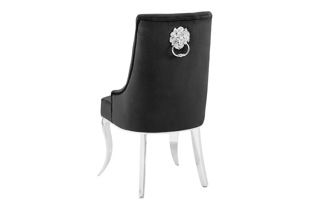 Stuhl MODERN BAROCK DELUXE schwarz Samt silber Edelstahlbeine mit Löwenkopf