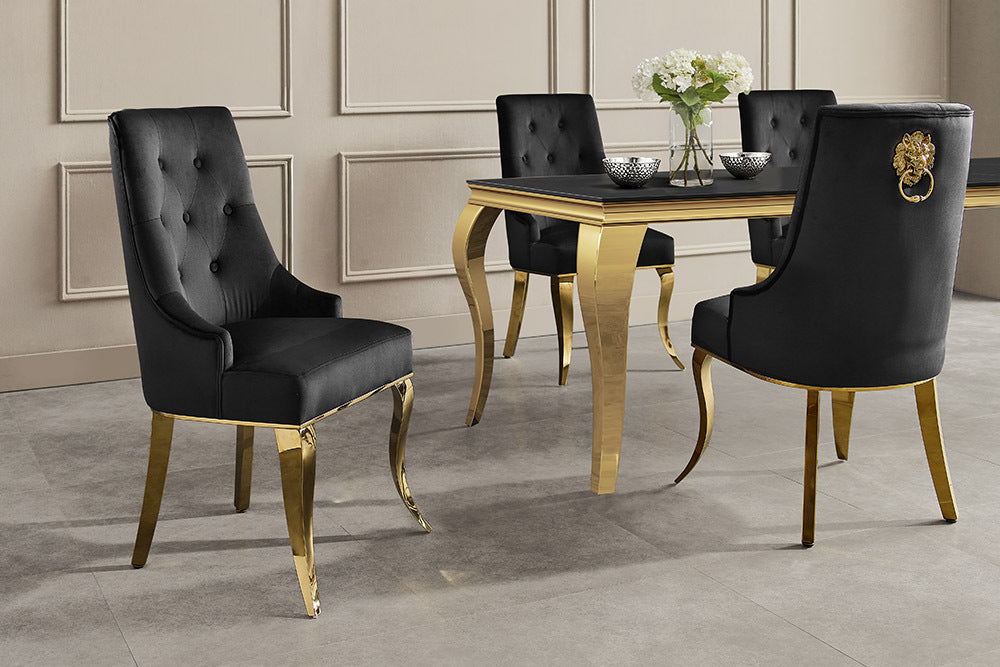 Design Stuhl MODERN BAROCK DELUXE schwarz Samt gold Edelstahl mit Löwenkopf