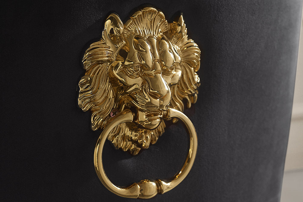 Design Stuhl MODERN BAROCK DELUXE schwarz Samt gold Edelstahl mit Löwenkopf