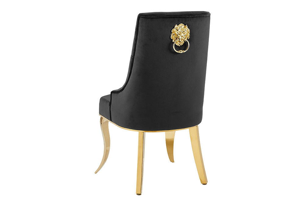 Design Stuhl MODERN BAROCK DELUXE schwarz Samt gold Edelstahl mit Löwenkopf