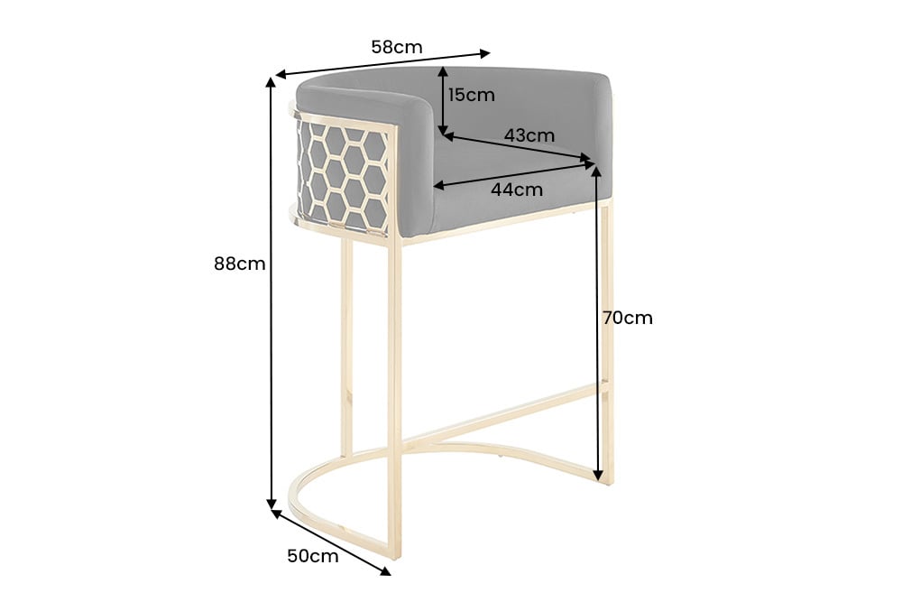 ELEGANCE Stilvoller Barhocker Samt Edelstahl gold mit Armlehne und Fußablage