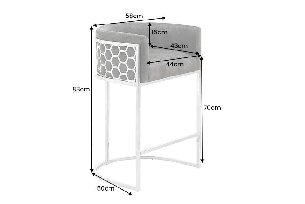 ELEGANCE Stilvoller Barhocker Samt Grau Edelstahl Silber mit Armlehne und Fußablage