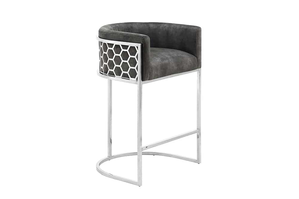 ELEGANCE Stilvoller Barhocker Samt Grau Edelstahl Silber mit Armlehne und Fußablage