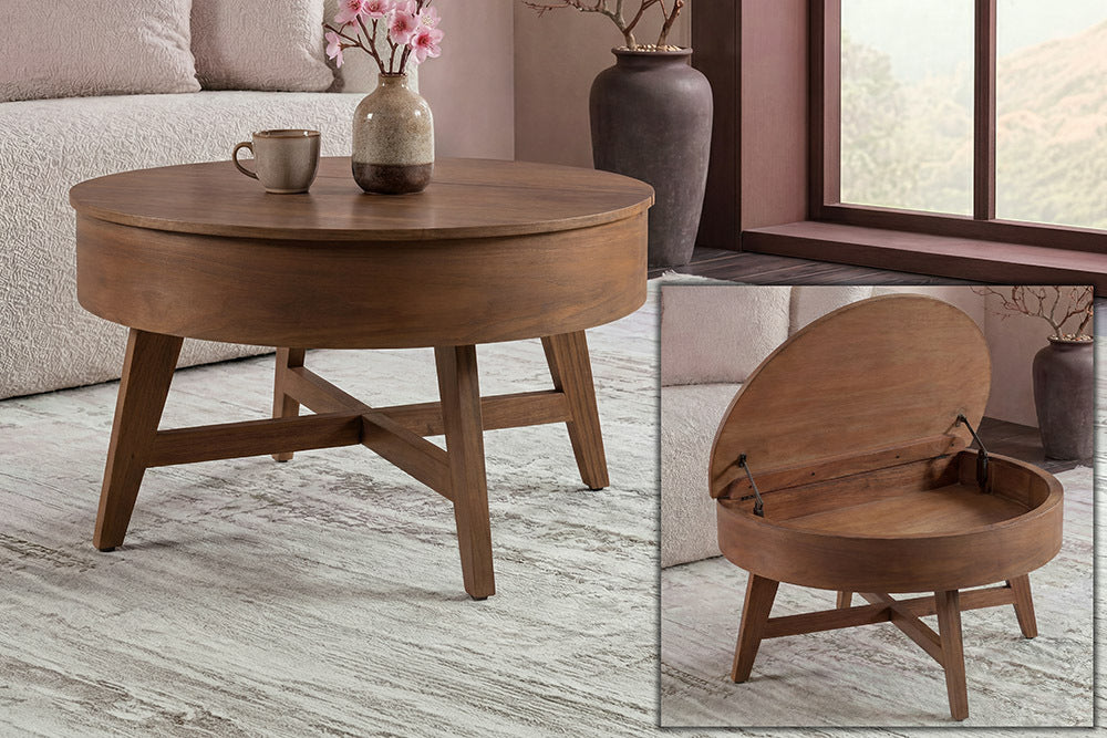 Massiver Couchtisch KYOTO 70cm braun Mangoholz im Walnuss-Design mit Stauraum