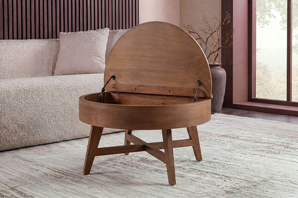 Massiver Couchtisch KYOTO 70cm braun Mangoholz im Walnuss-Design mit Stauraum