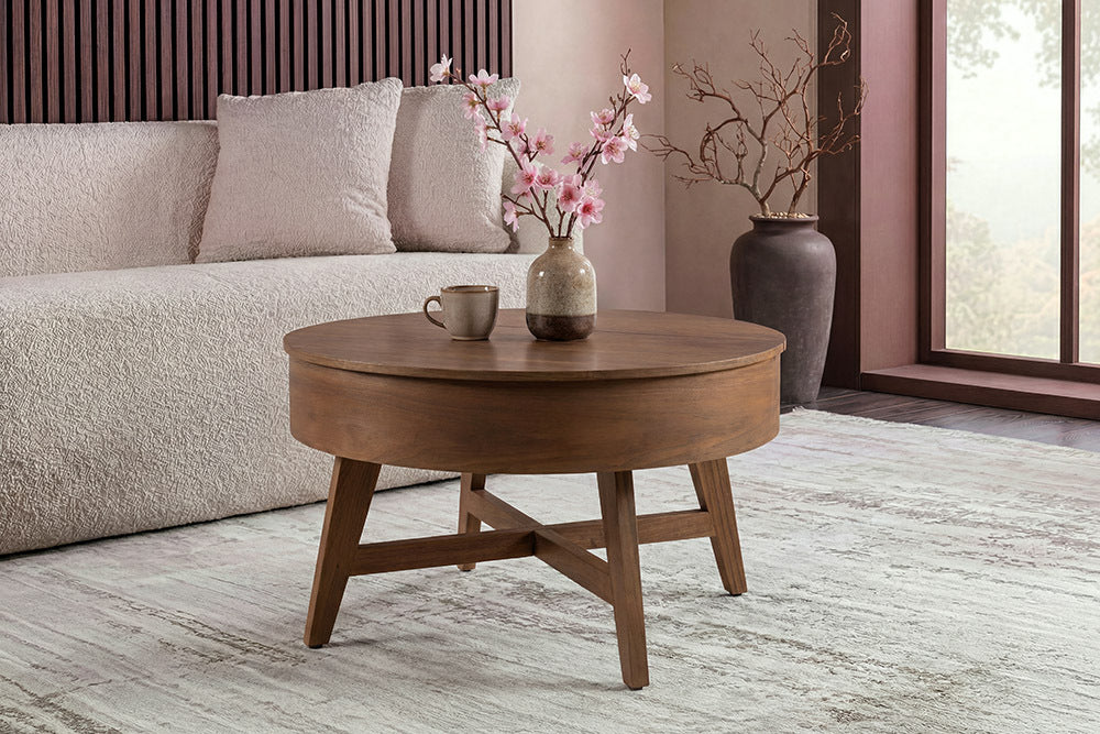 Massiver Couchtisch KYOTO 70cm braun Mangoholz im Walnuss-Design mit Stauraum