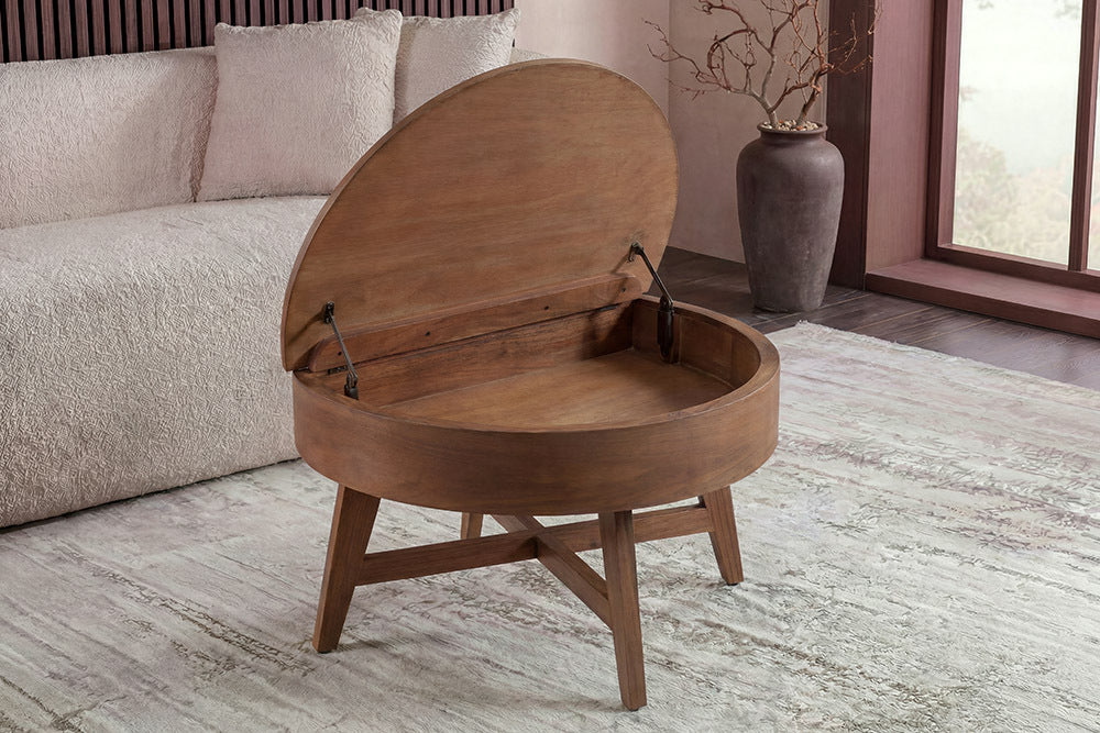 Massiver Couchtisch KYOTO 70cm braun Mangoholz im Walnuss-Design mit Stauraum